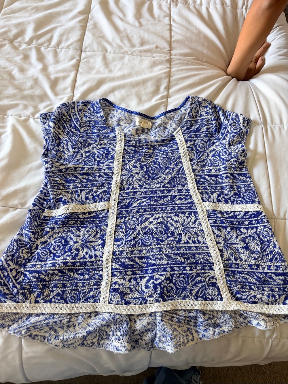Anthropologie Blue and White Lace-Trim Short Sleeve Blouse